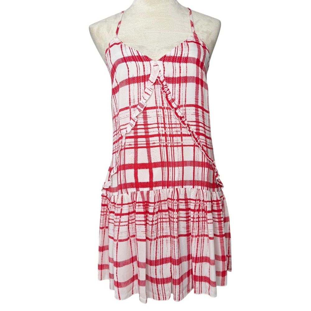 Avec Les Filles | Plaid Windowpane Grid Check Mini Dress White Red S